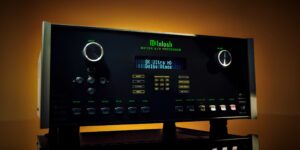 McIntosh MX124 A/V Processor front view with 8K Ultra HD Dolby Atmos display